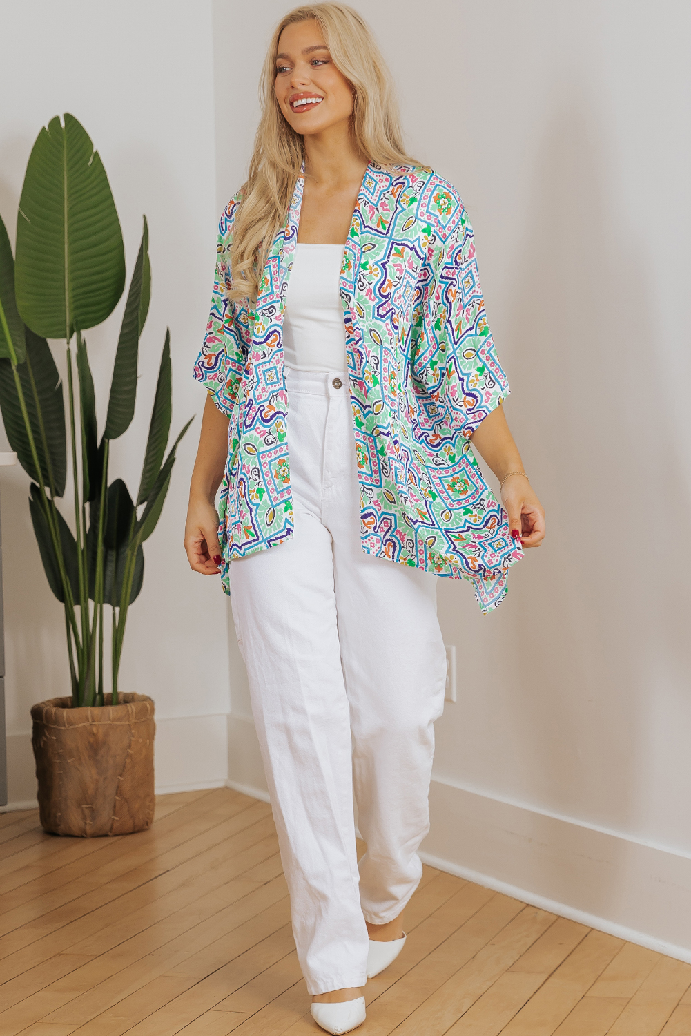White Boho Floral Printed Rhinestone 3/4 Sleeve Open Front Kimono - Image 7