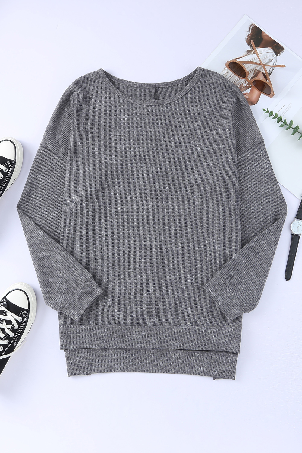 Gray Waffle Knit Side Slit Pullover Top - Image 6