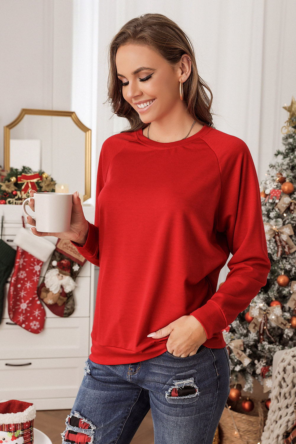 Fiery Red Solid Round Neck Raglan Sleeve Sweatshirt - Image 5