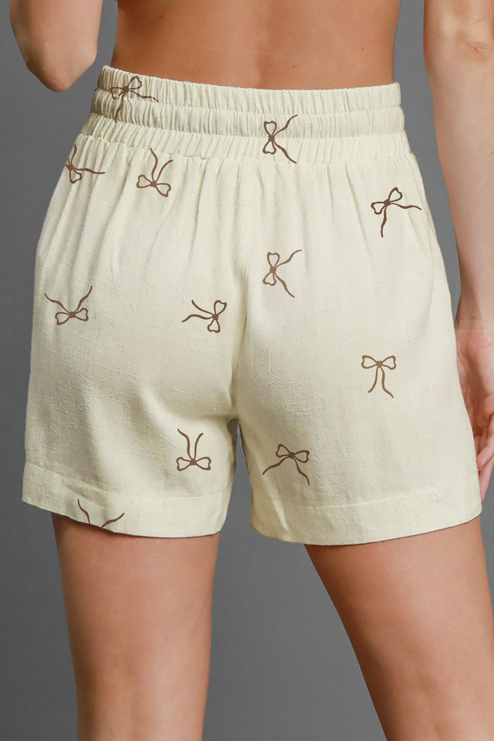 White Bow Print Lace Drawstring Elastic Waistband Casual Shorts - Image 2
