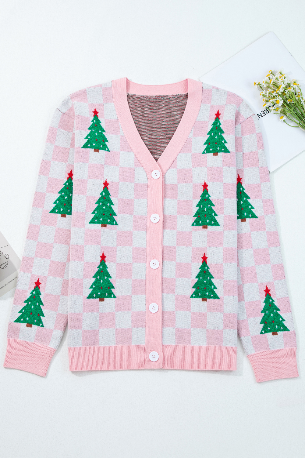 Pink Checkered Christmas Tree Pattern Button V Neck Cardigan Sweater - Image 8