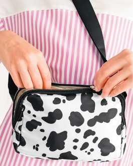 White Cow Pattern Print Buckle Wide Belt Inclined Shoulder Bag