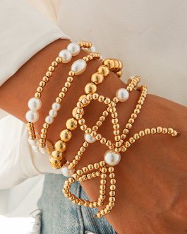 Gold Bow Knot Pearl Beaded Multi Layered Bracelet Set