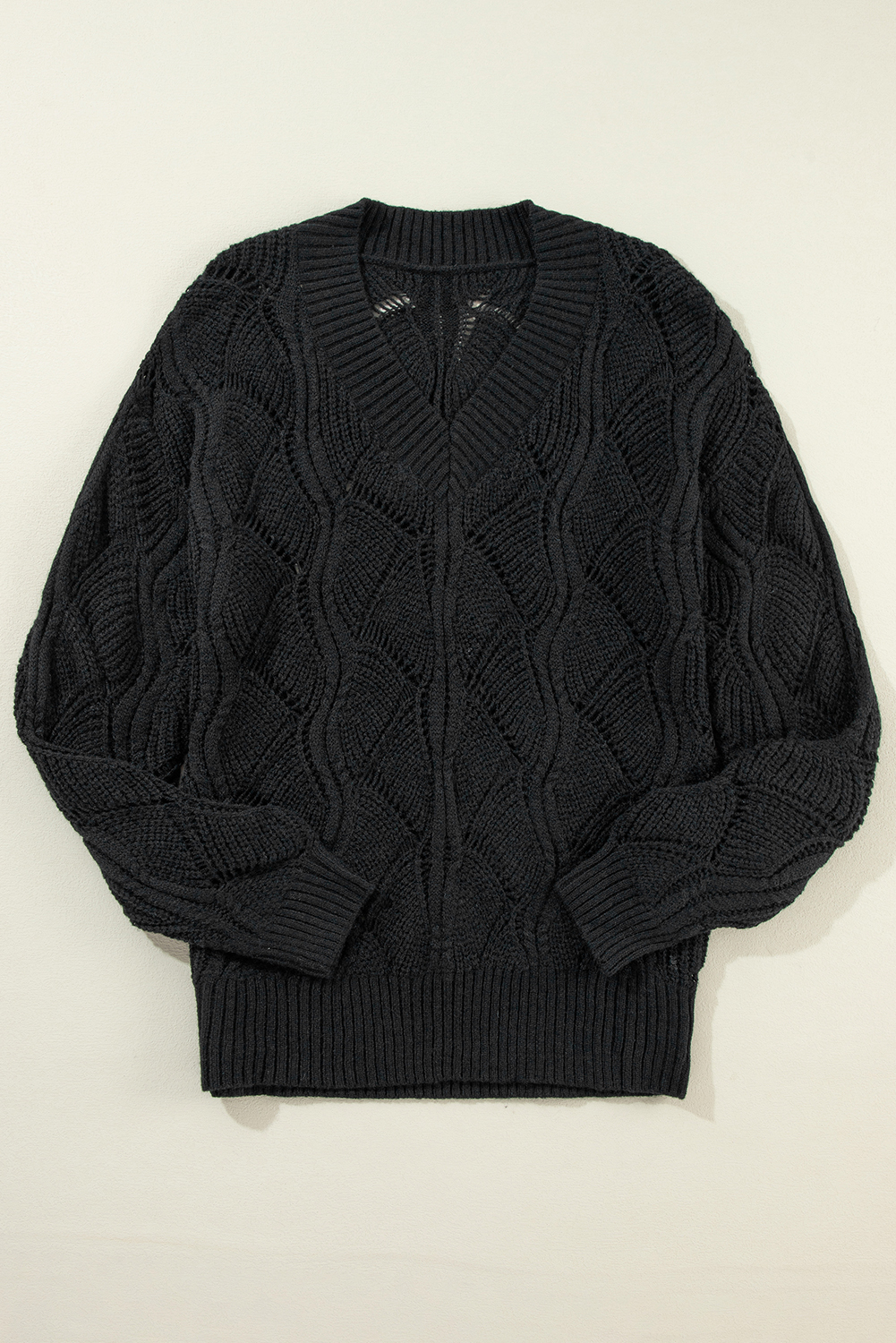 Black Hollow Out Knit V Neck Drop Shoulder Sweater - Image 5