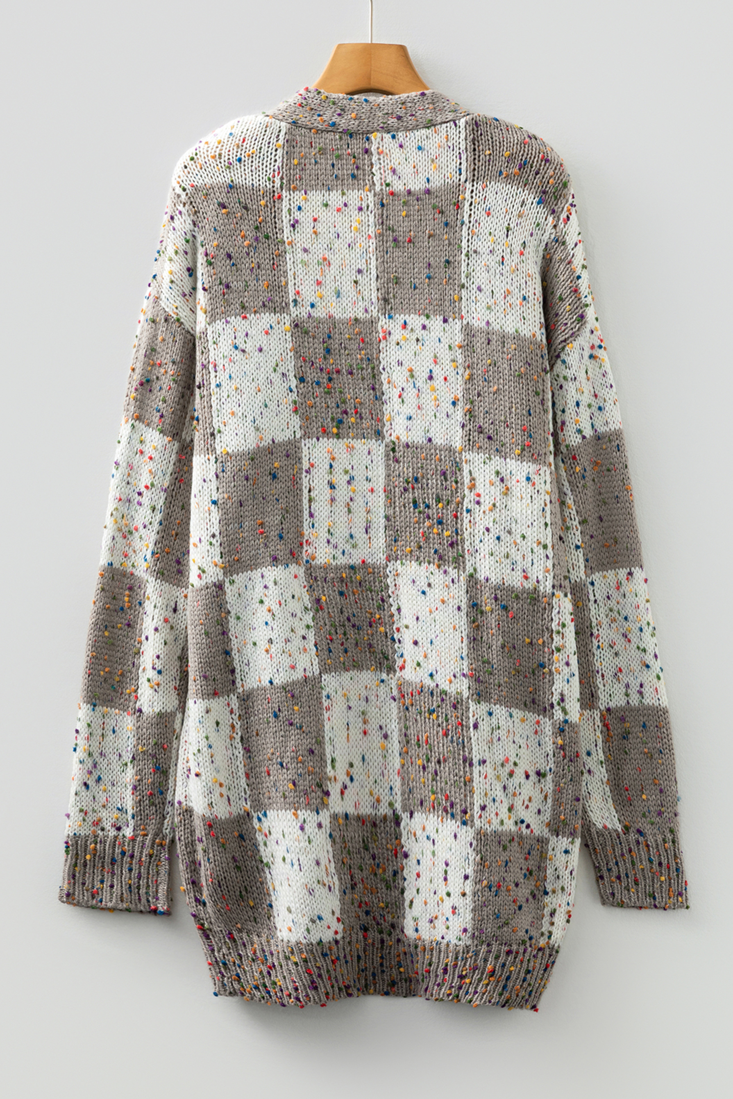 Brown Confetti Dot Checkered Print Open Cardigan with Pockets - Image 5