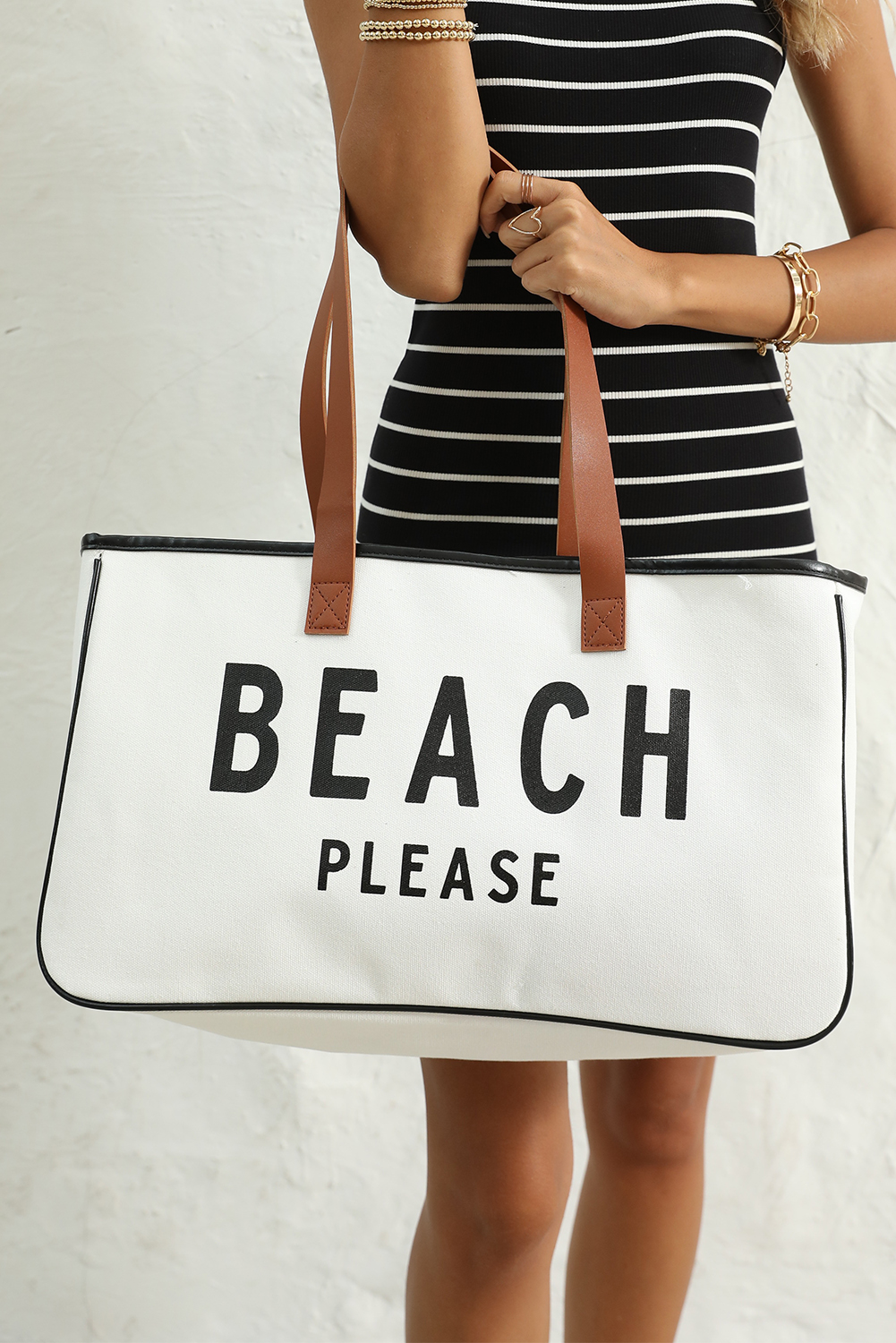 White BEACH PLEASE Print Large Canvas Tote Bag - Image 7