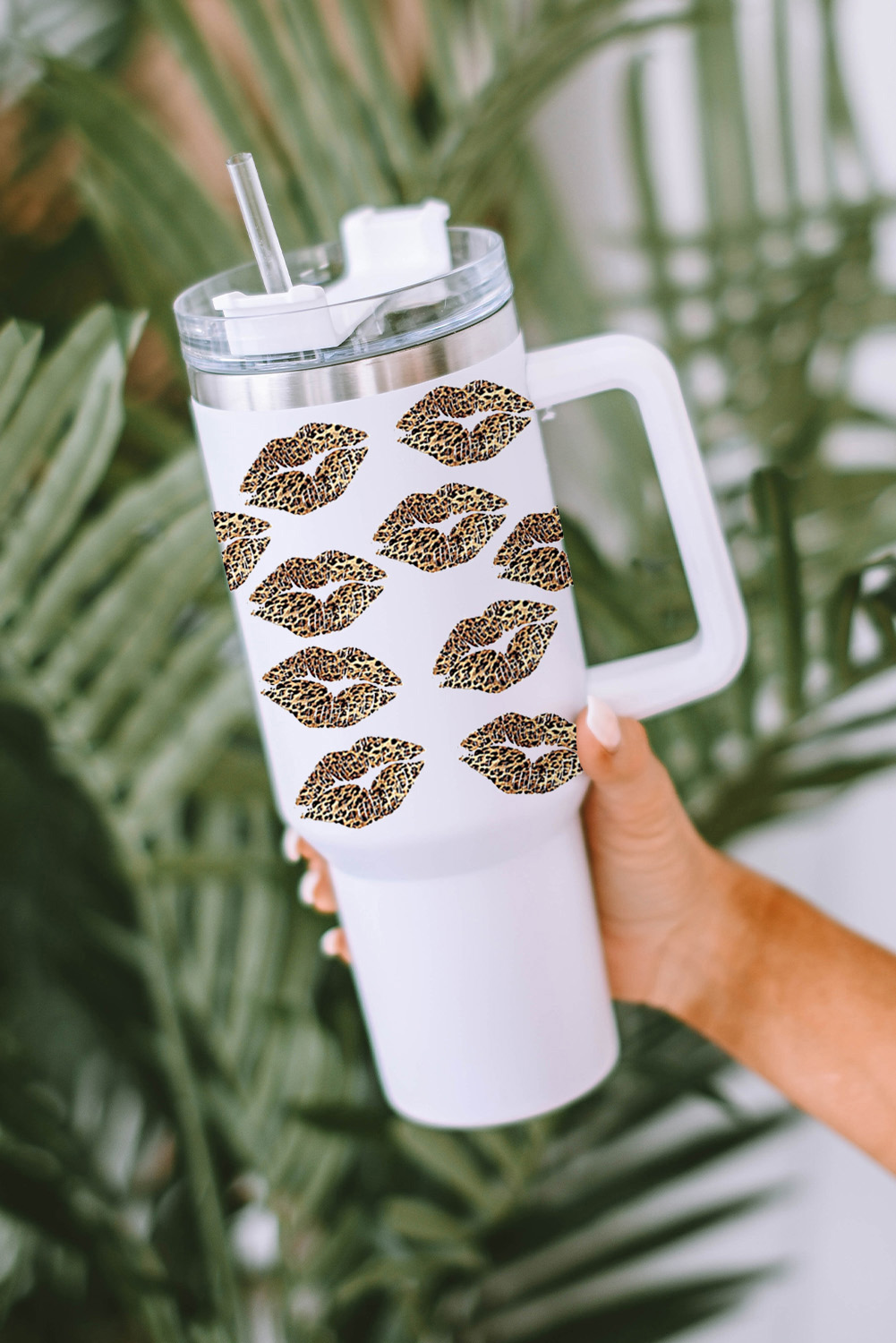 White Valentine Leopard Lips Print Thermos Cup with Straw 40oz - Image 2