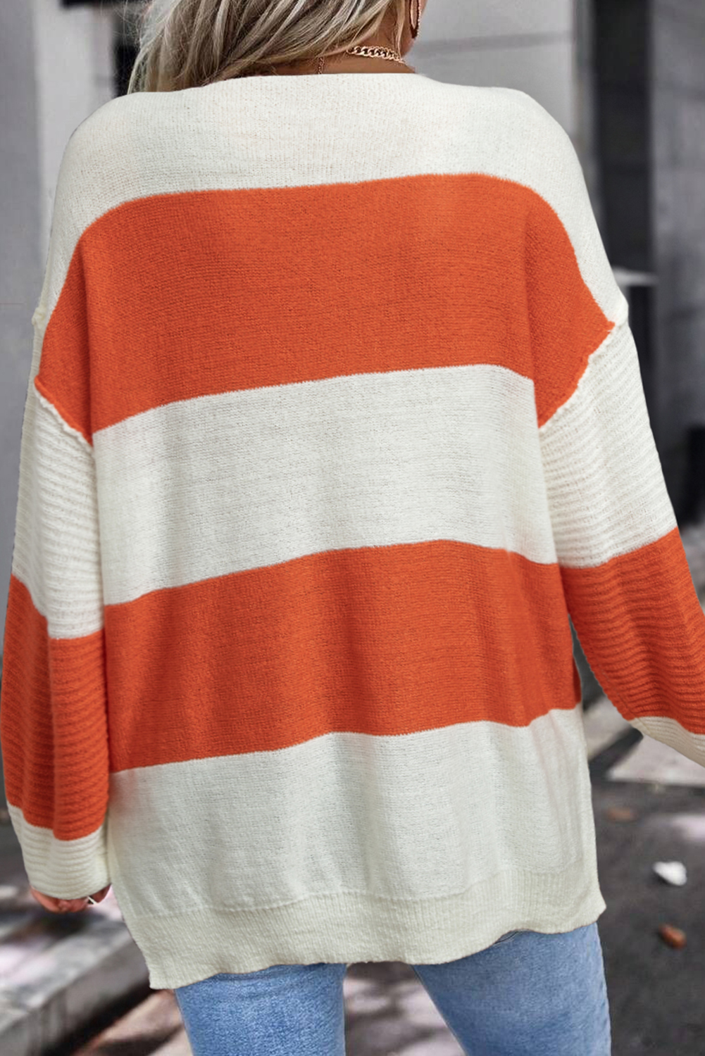 Orange Stripe Loose Color Block Drop Shoulder Bubble Sleeve Sweater - Image 3