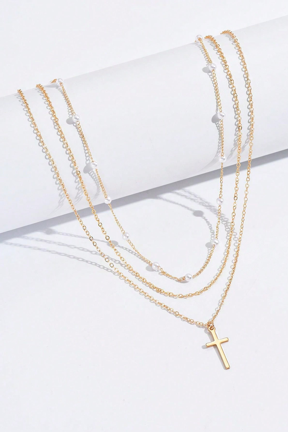 Gold Plated Cross Pendant Pearl Decor Triple Layer Chain Necklace - Image 2