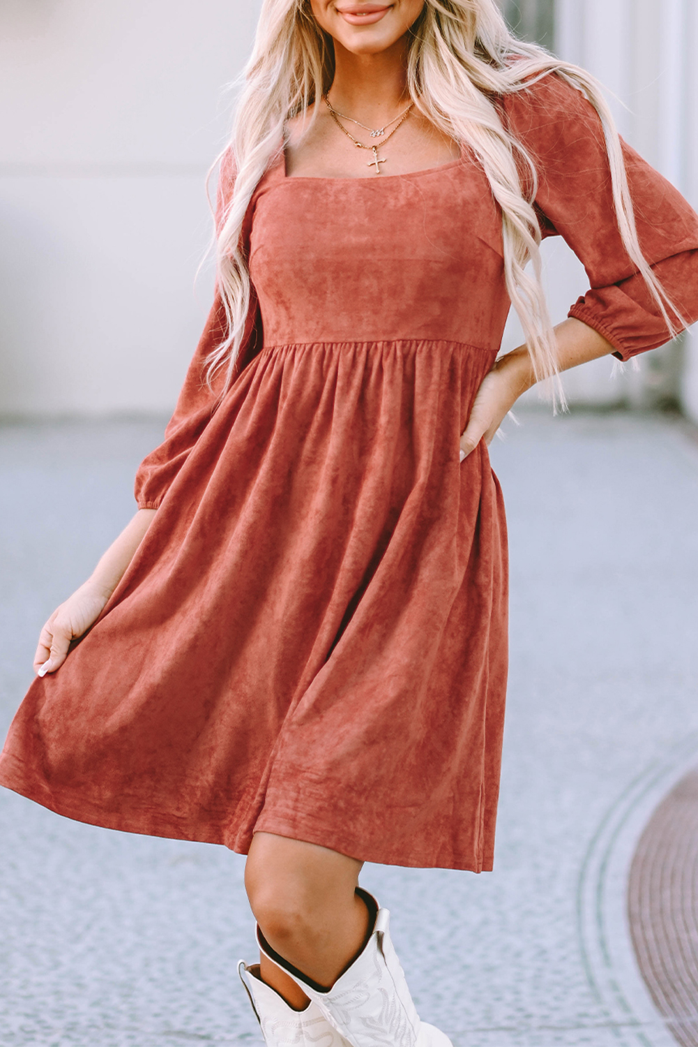 Brown Suede Square Neck Puff Sleeve Dress - Image 6