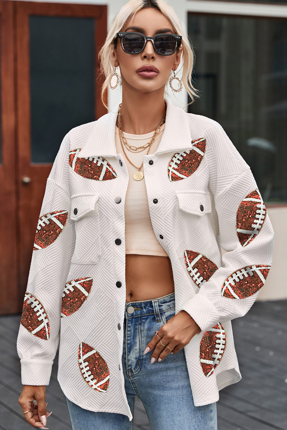 Beige Bubble Gum Texture Sequined Rugby Football Shacket - Image 3