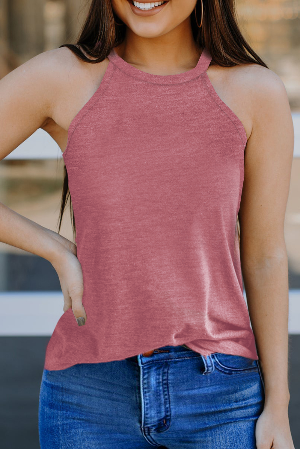 Pink Solid Color Crew Neck Tank Top - Image 6