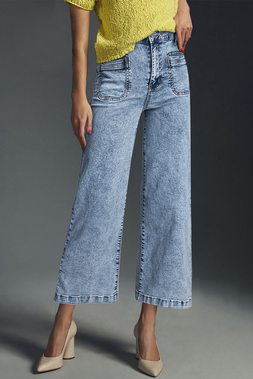 Light Blue Chic Patch Pocket Straight Leg Loose Jeans - Image 3