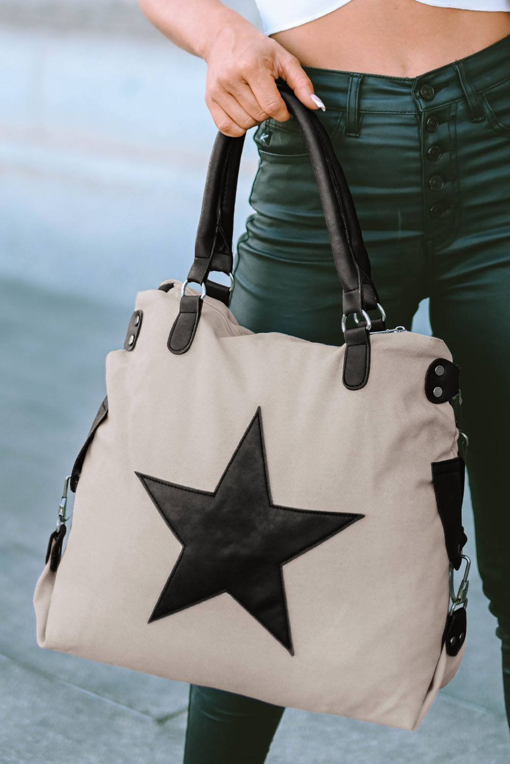 Beige Casual Five-pointed Star Canvas Tote Bag - Image 2