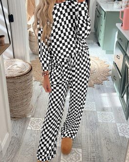 Black Checkered Print Long Sleeve Top and Pants Lounge Set