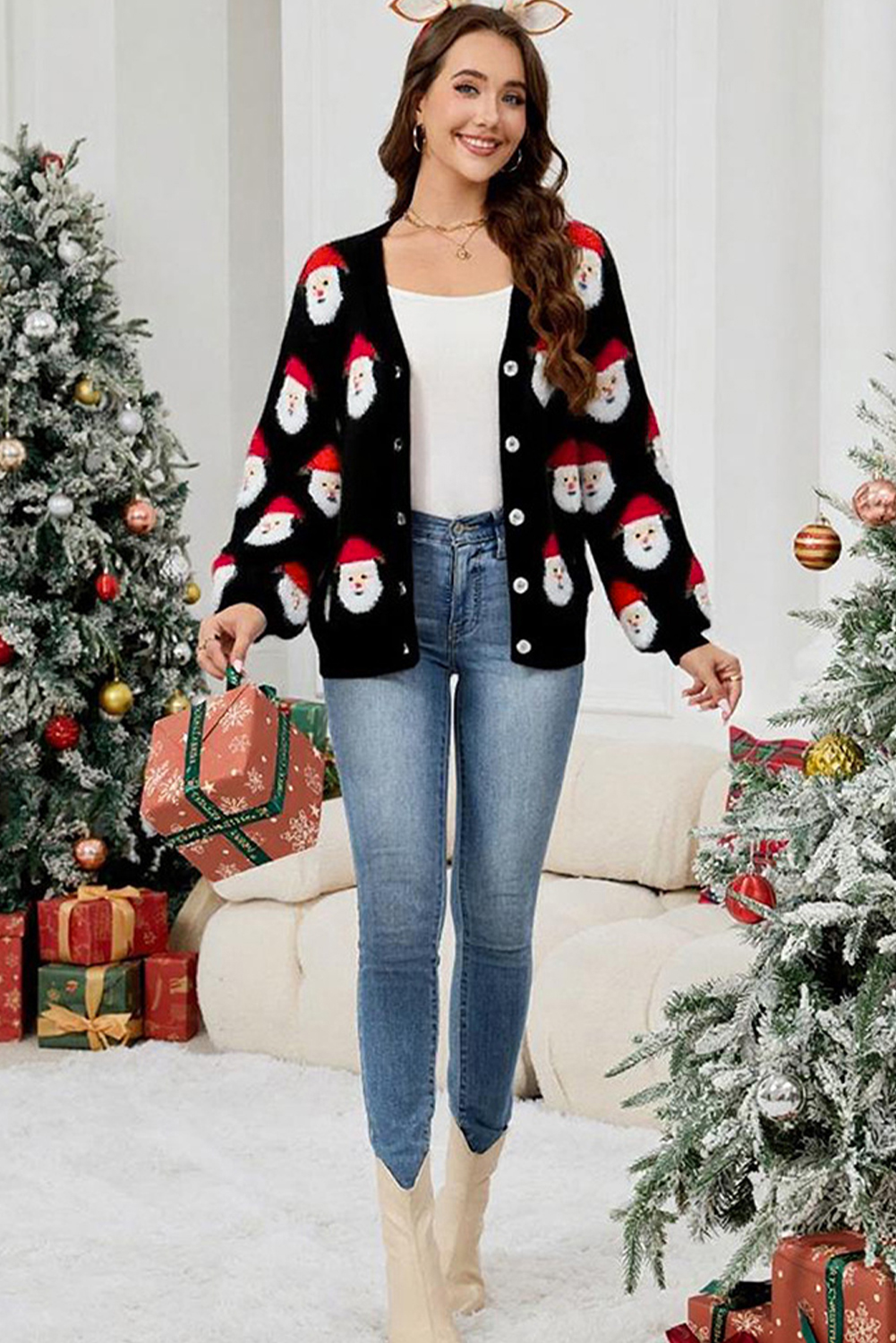 Black Christmas Santa Claus Pattern Button V Neck Sweater Cardigan - Image 5