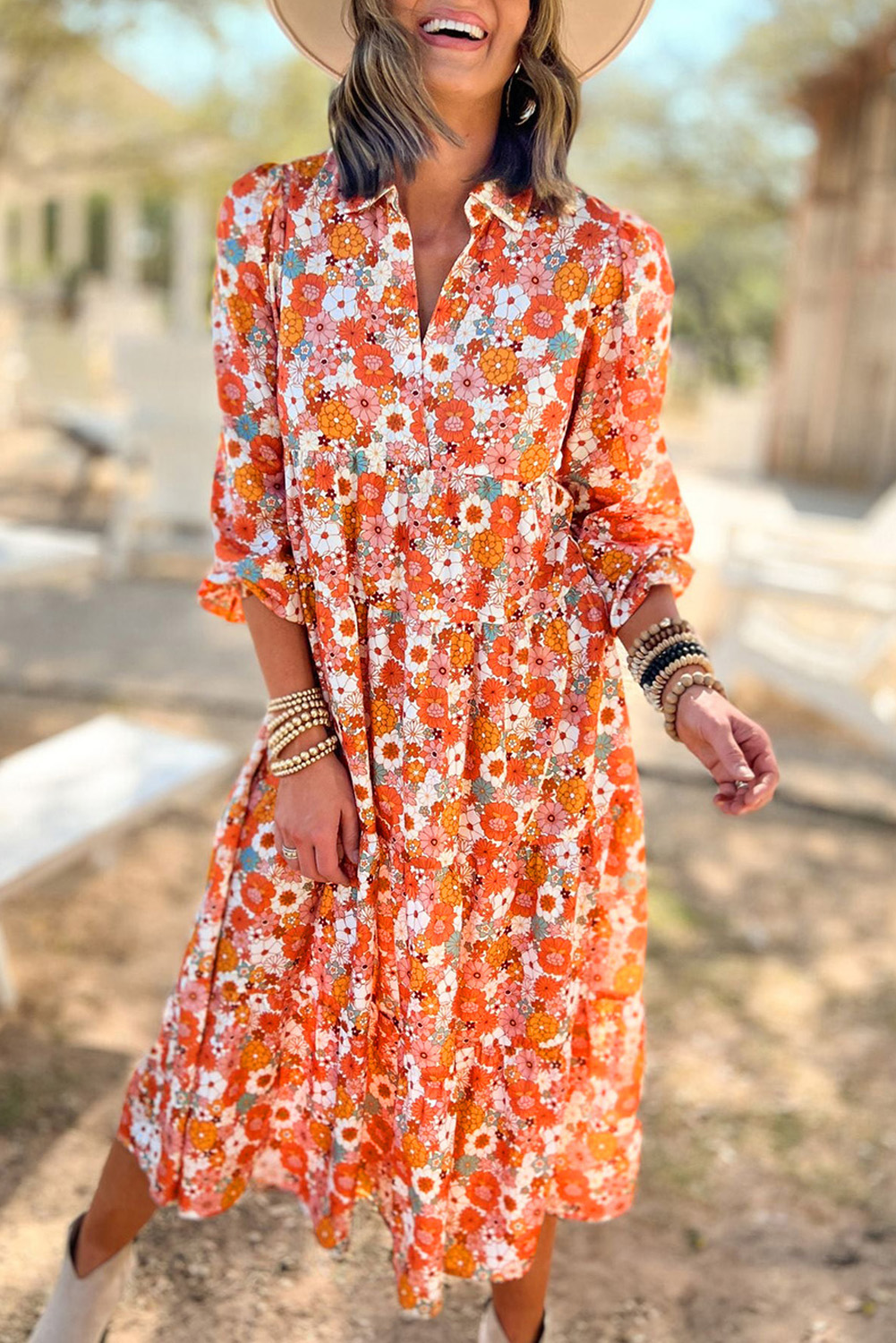 Multicolor Boho Floral Collared Long Sleeve Ruffled Dress - Image 5