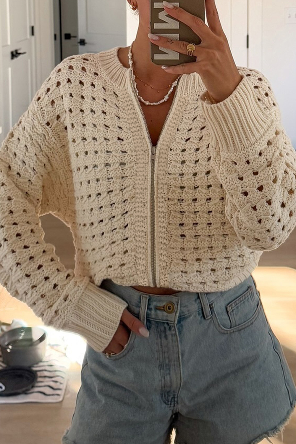 Beige Hollowed Pattern Knit Zip Up Drop Shoulder Sweater Cardigan - Image 4