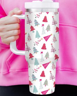 White Cartoon Christmas Tree Printed Thermos Cup 40oz