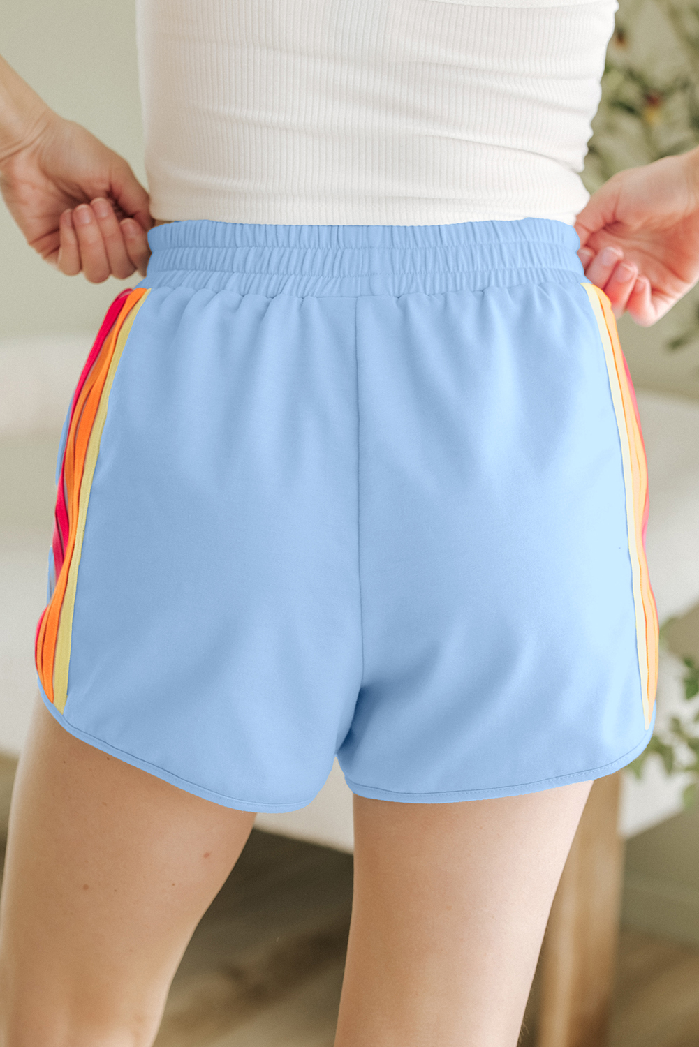 Beau Blue Color Block Stripes Elastic High Waist Active Shorts - Image 7