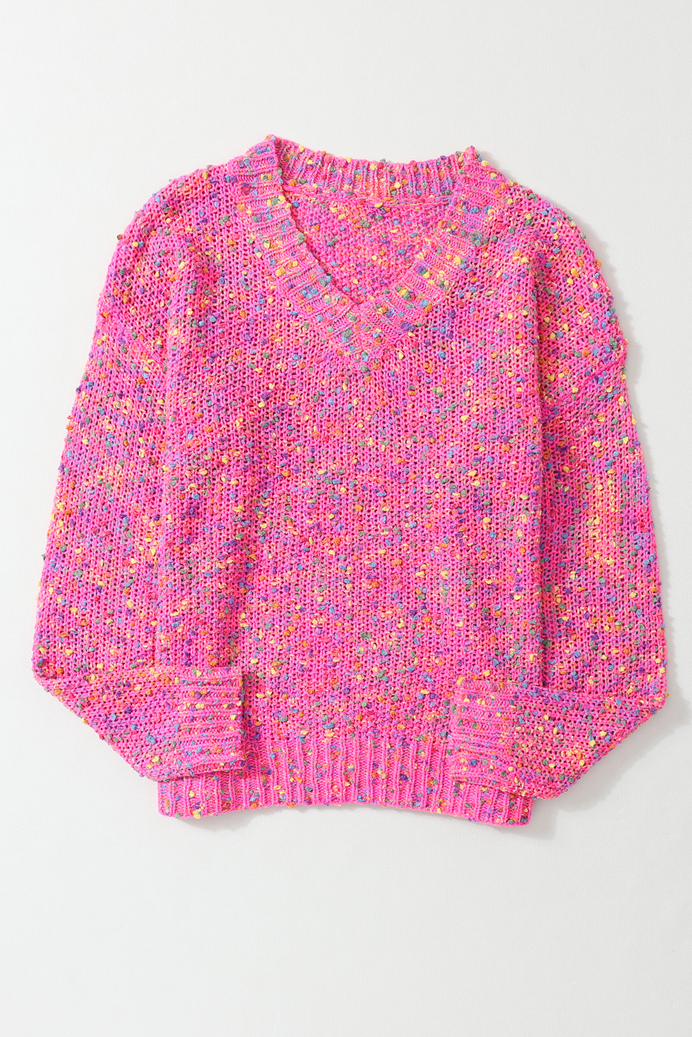 Dark Pink Colorful Spots Knitted V Neck Casual Sweater - Image 6