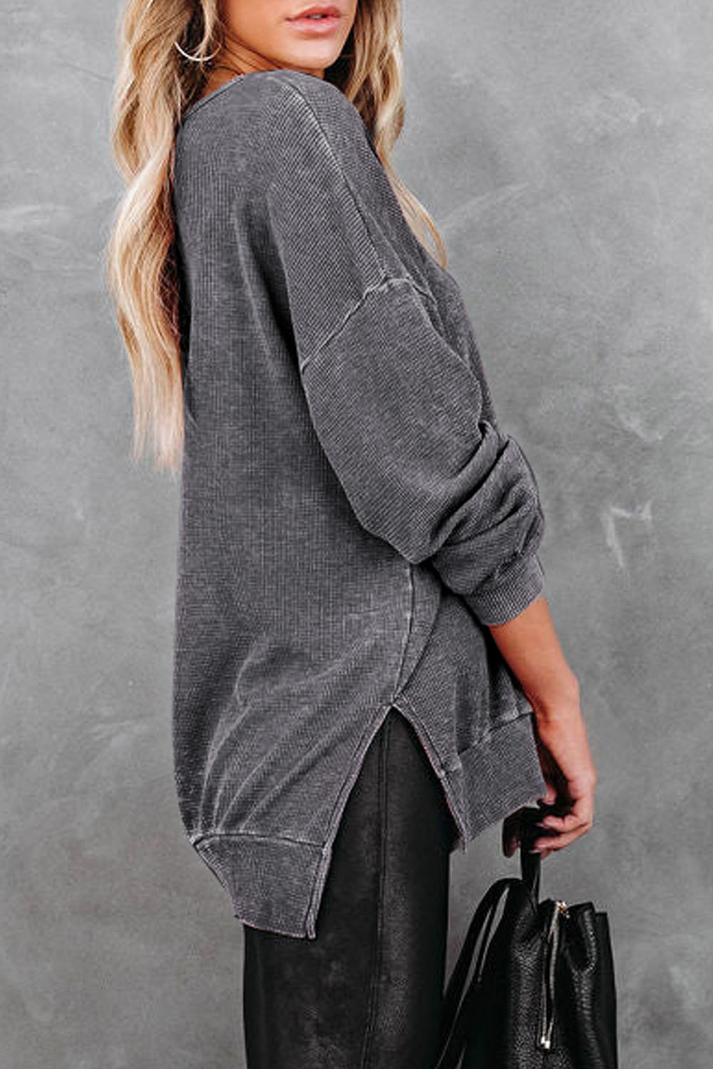 Gray Waffle Knit Side Slit Pullover Top - Image 5