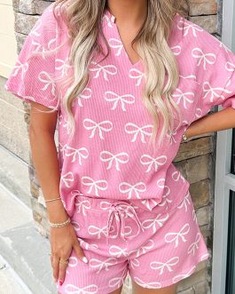 Pink Waffle Knit Bowknot Printed V Neck T Shirt and Shorts Set