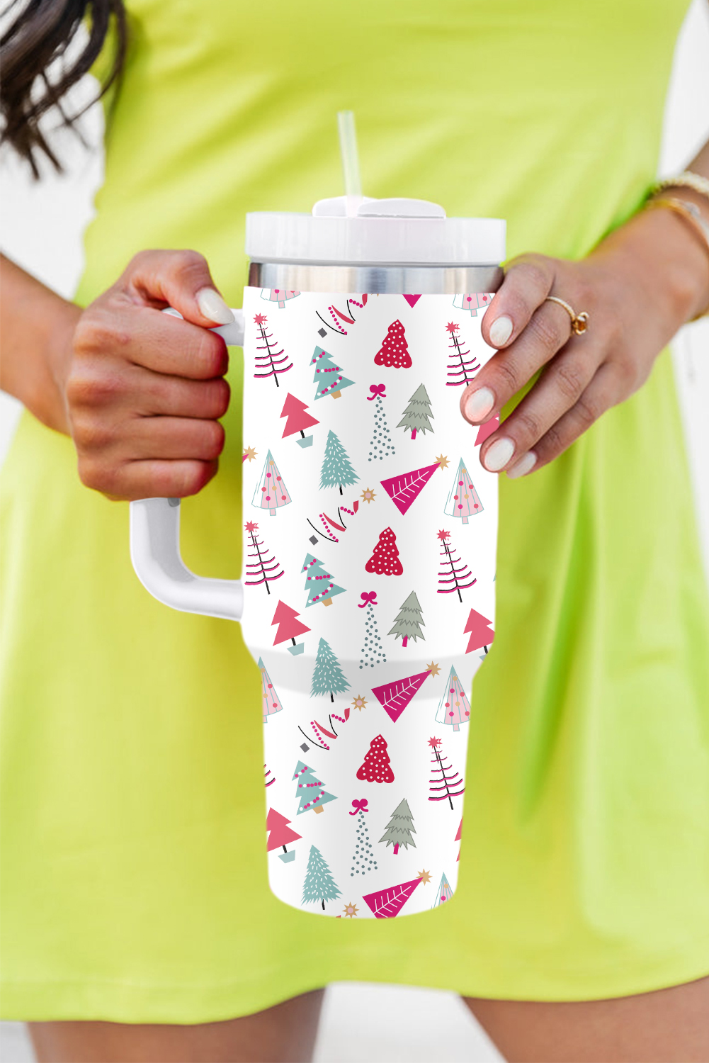 White Cartoon Christmas Tree Printed Thermos Cup 40oz - Image 3
