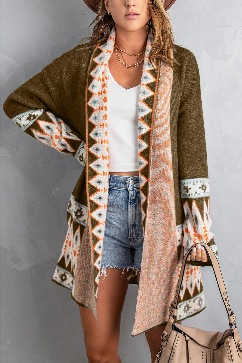 Brown Aztec Print Open Front Knitted Cardigan - Image 6