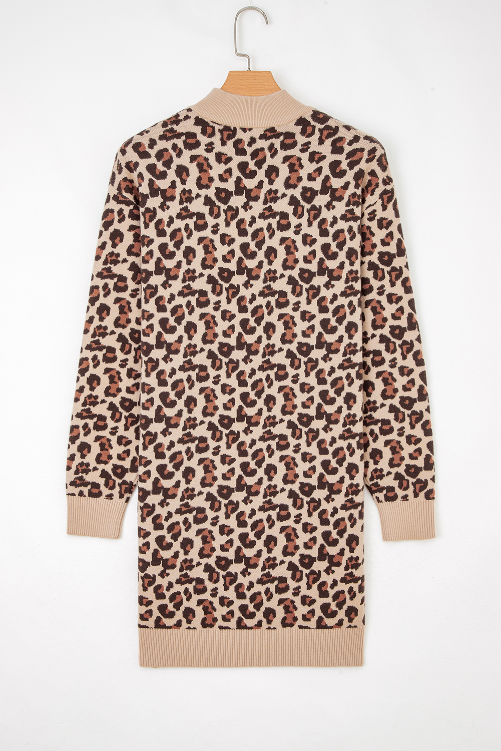 Khaki Leopard Print High Neck Shift Mini Sweater Dress - Image 8