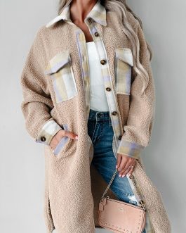 Smoke Gray Plaid Patchwork Collared Button-up Sherpa Long Coat