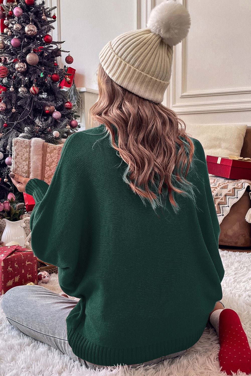 Blackish Green Merry Letter Embroidered High Neck Sweater - Image 2