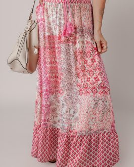 Red Boho Pattern Print Tassel Drawstring Elastic Waistband Maxi Skirt