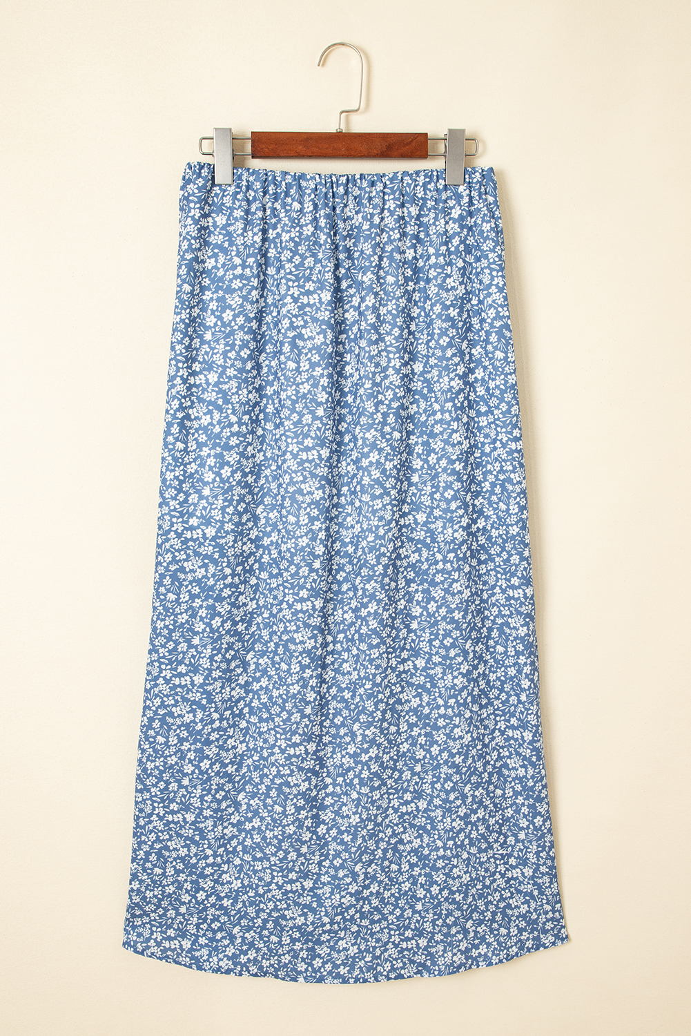 Sky Blue Boho Floral High Waist Long Skirt with Side Split - Image 3