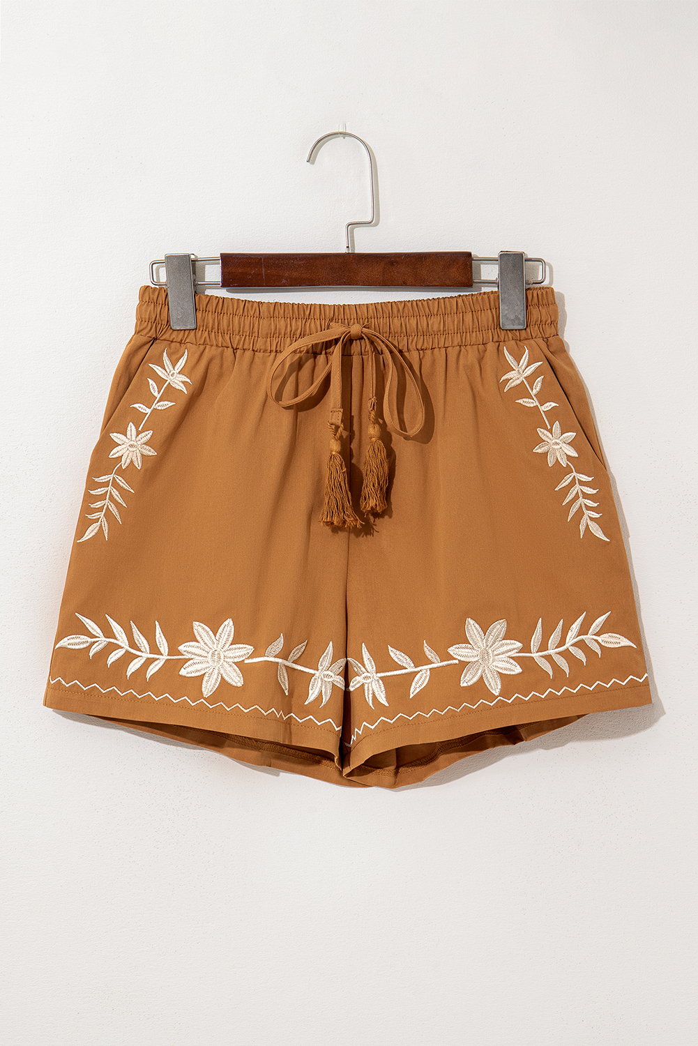 Khaki Embroidered Boho Tasseled Drawstring Elastic Waistband Casual shorts - Image 6