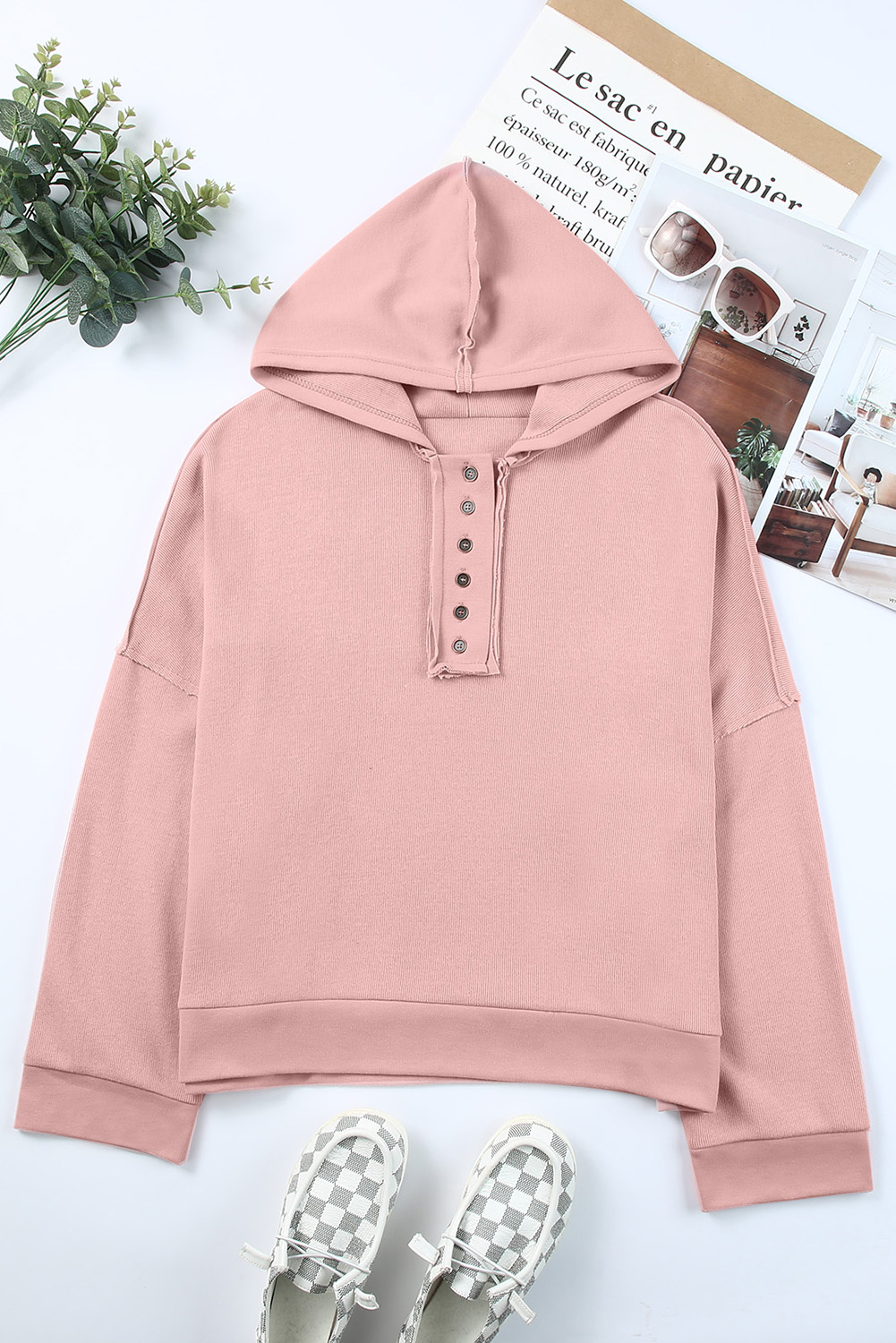 Pink Casual Button Solid Patchwork Trim Hoodie - Image 6