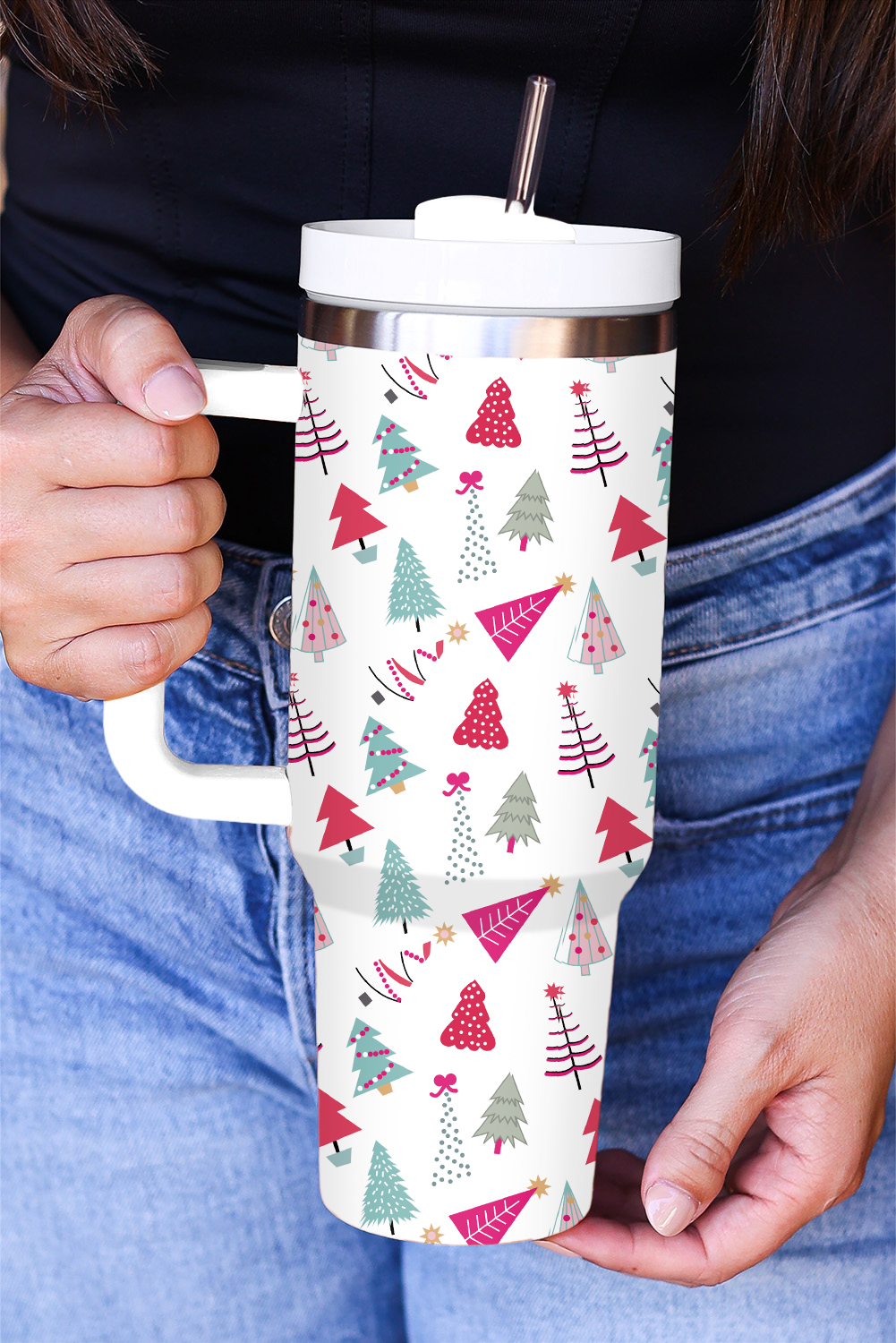 White Cartoon Christmas Tree Printed Thermos Cup 40oz - Image 2