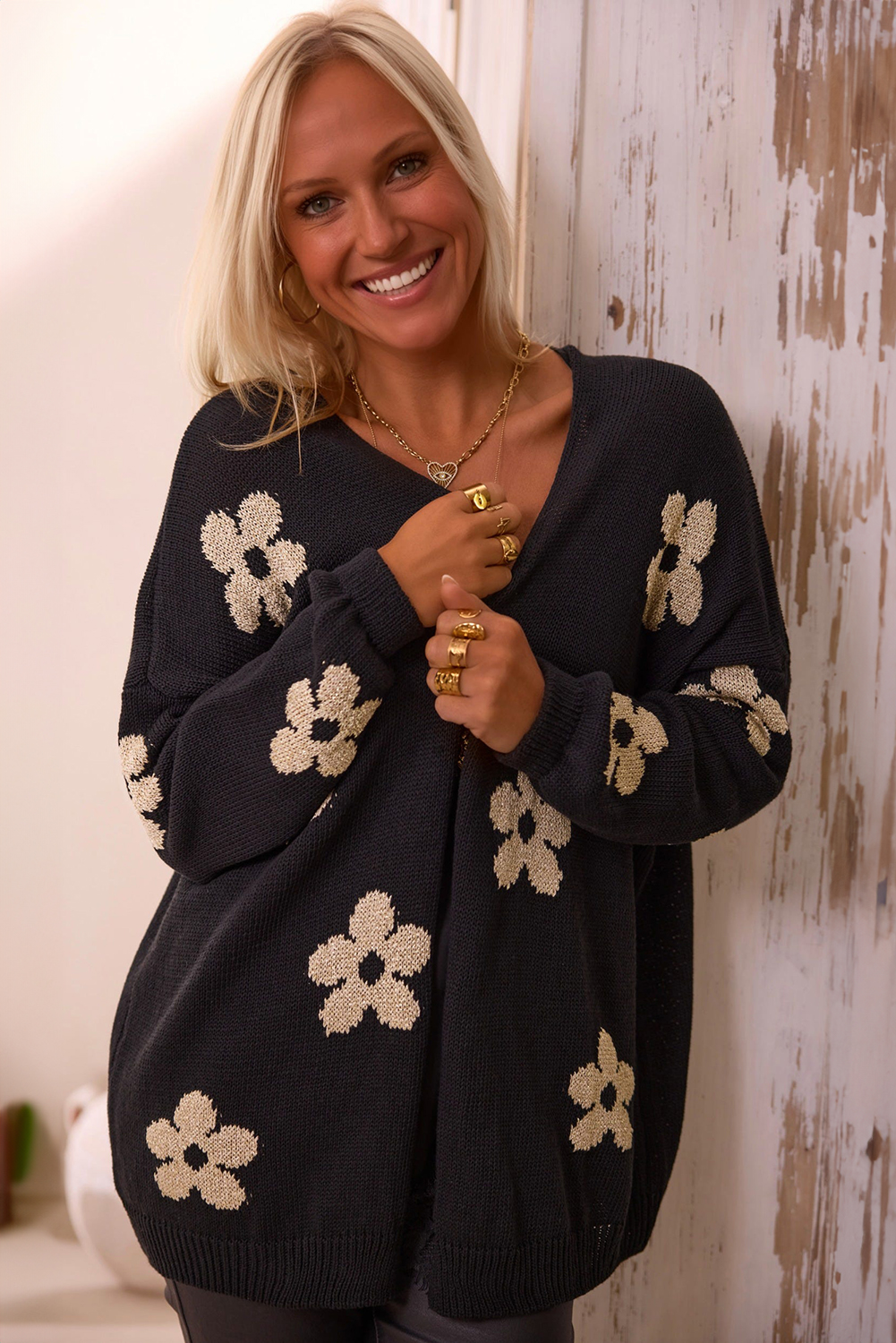 Black Floral Print Knitted Open Front Loose Cardigan - Image 3
