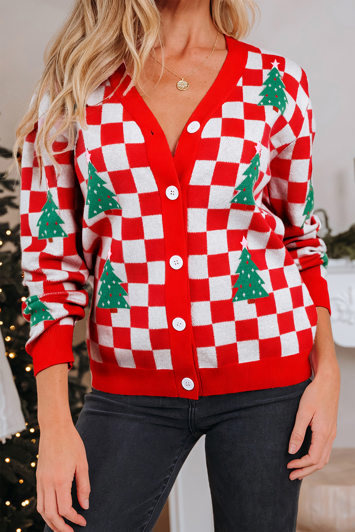 Red Checkered Christmas Tree Pattern Button V Neck Cardigan Sweater - Image 14