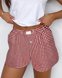 Red Gingham Printed High Waist Shorts
