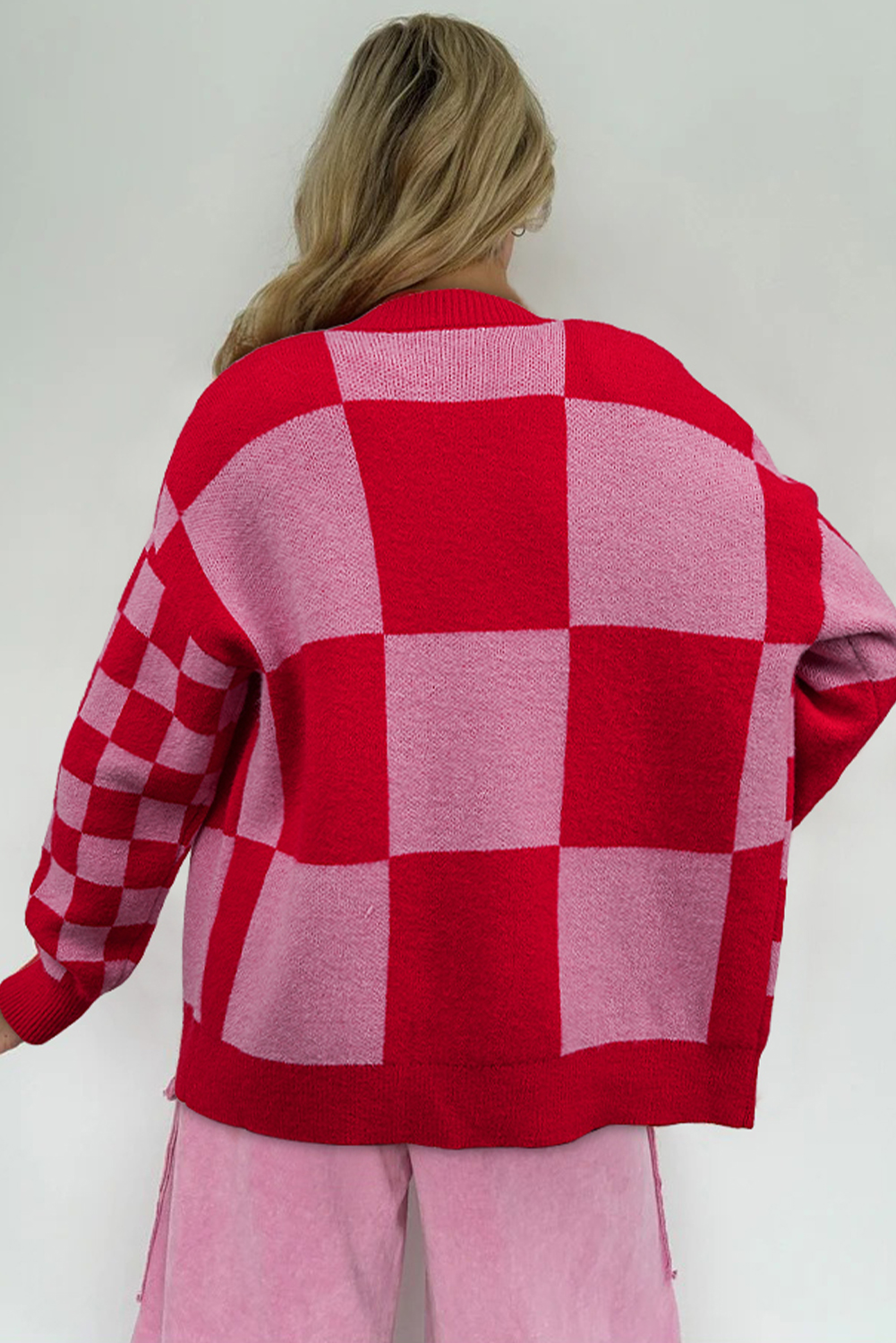Fiery Red Mixed Plaid Relaxed Sweater Cardigan - Image 2