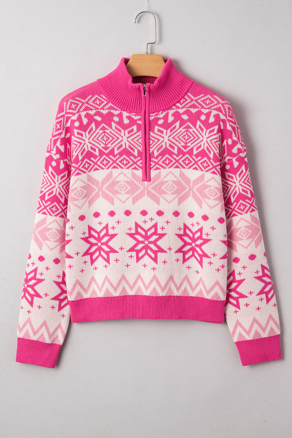 Rose Red Christmas Snowflake Quarter Zip Collard Sweater - Image 8