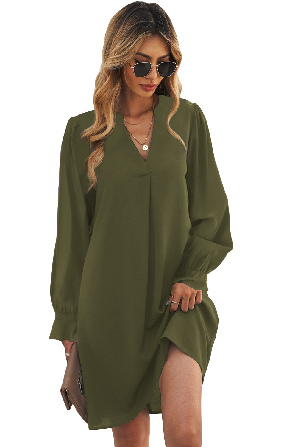 Green Split V Neck Ruffled Sleeves Shirt Dress - Image 5