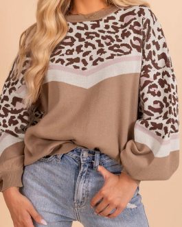 Straw Yellow Leopard Color Block Knit Round Neck Baggy Sweater