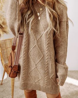 Parchment Cable Knit Drop Shoulder Loose Fit Sweater Dress