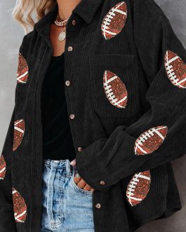 Black Sequin Rugby Pattern Buttoned Corduroy Shacket