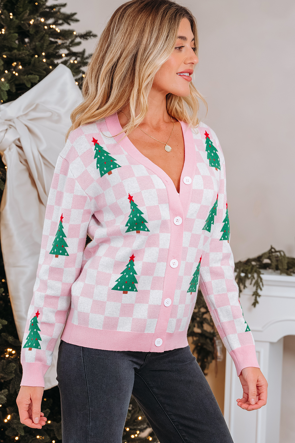 Pink Checkered Christmas Tree Pattern Button V Neck Cardigan Sweater - Image 3