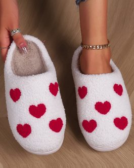 White Valentines Day Hearts Print Plush House Slippers