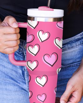 Rose Red Valentines Heart Printed Thermos Cup with Handle 40oz