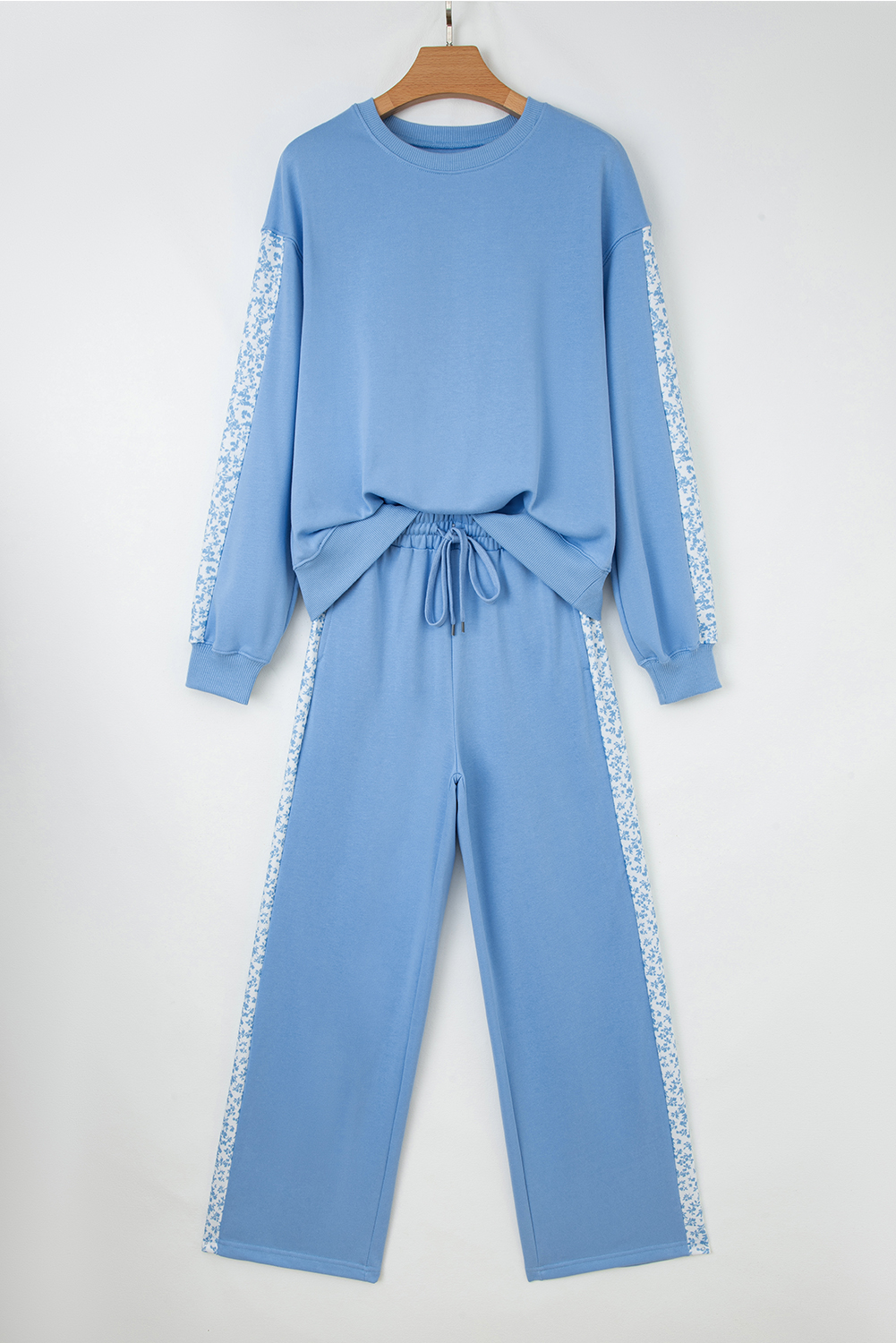 Beau Blue Floral Patchwork Drop Shoulder Pullover and Sweatpants Lounge Set - Image 9